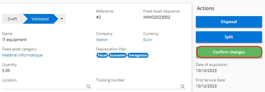 1.2. Once you've changed the accounting value and/or number of
depreciation, click on the “Confirm changes” button.